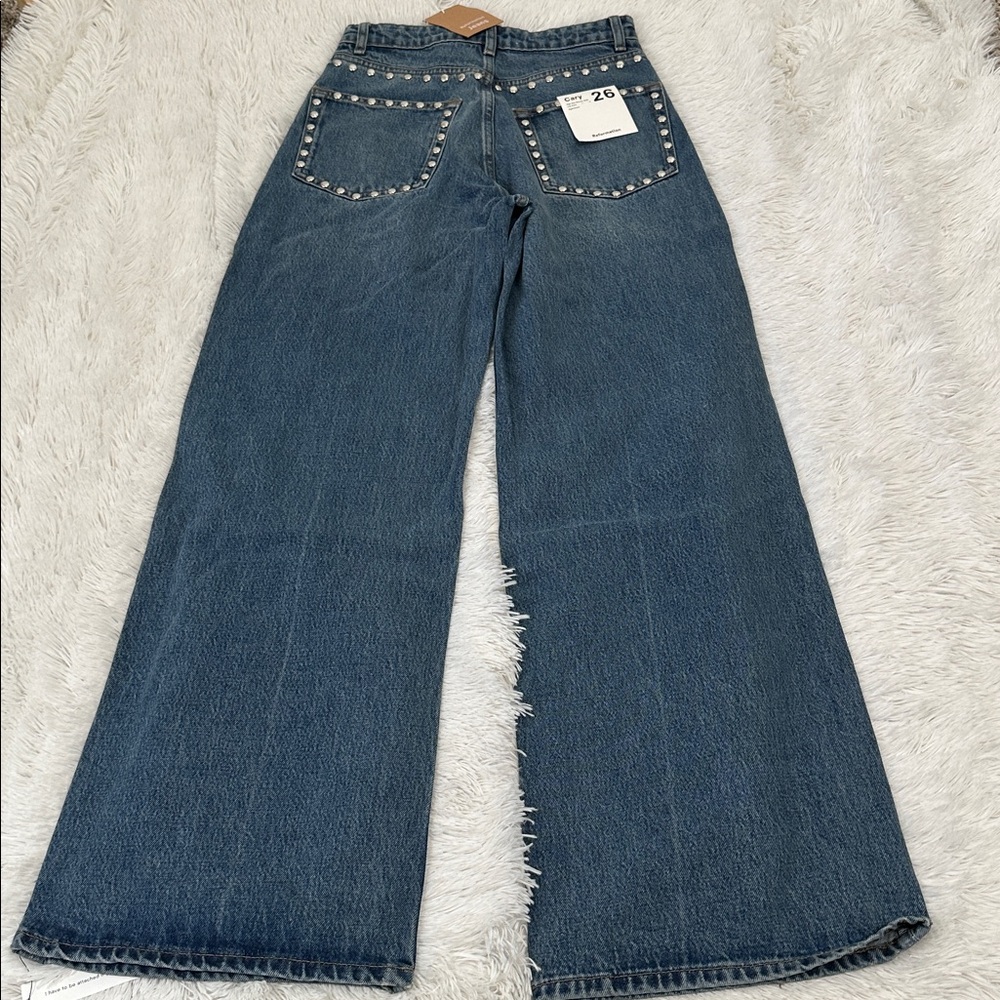 🌴 NWT Reformation Cary Studded Wide Leg High Rise Jeans - Picture 2 of 5